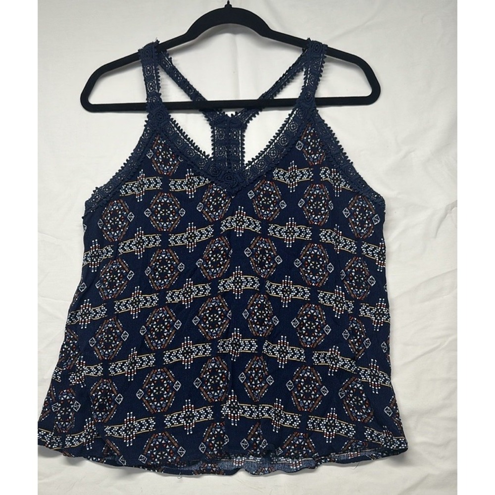 Unbranded Tank Top Women Size L‎ Navy Blue Geometric Tribal Print Crochet Lace